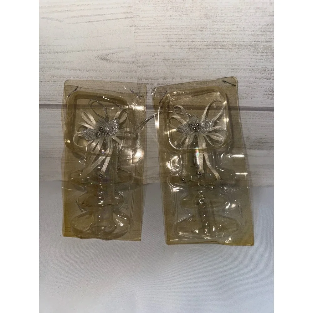 Vintage Iridescent Glass Bell Christmas Ornaments Set of 2 Cream Ribbon Bows 4.5